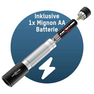 'Torch with included AA battery, partially extracted. Background shows a white lightning symbol on a blue circle.'