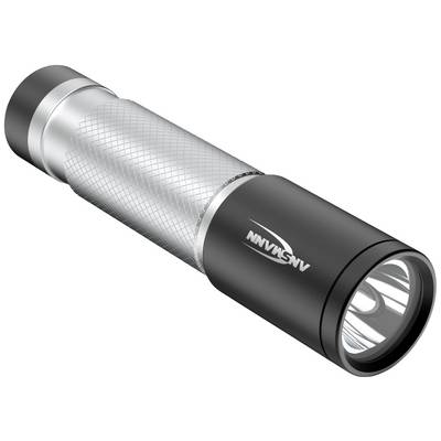 Torch with a silver handle and black head. It has a ribbed surface for improved grip. Ideal for outdoor activities.