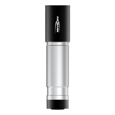 A silver and black, cylindrical torch, marked with 'ANSMANN', demonstrates robust design, suitable for outdoor activities.
