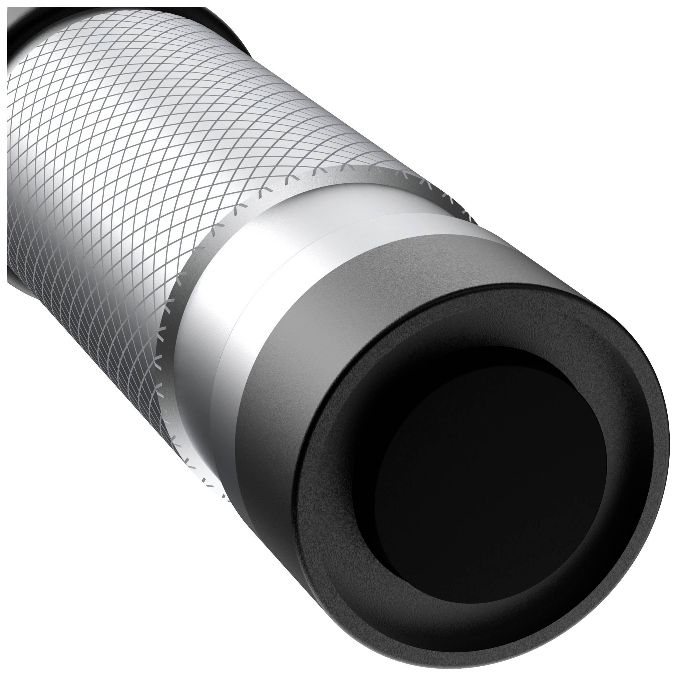 Close-up of a cable with a black, round connector and silver mesh detail.