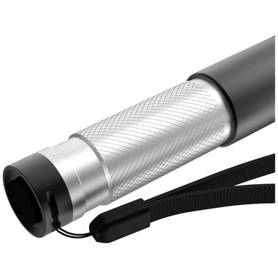 A silver torch with a black handle and a carrying strap.<br><br>Note: In British English, "torch" is used instead of the American "flashlight", and the translation maintains the original description's structure and details.
