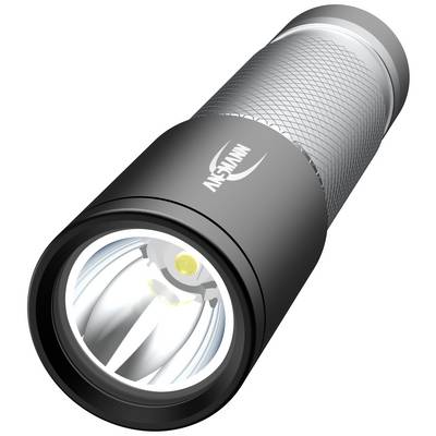 Black torch with a ribbed handle and silver reflector, emits bright light.