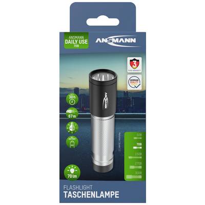 'Ansmann torch, model DAILY USE 70B, 30-hour runtime, 67m range, including battery. Tested with 3-year guarantee.'