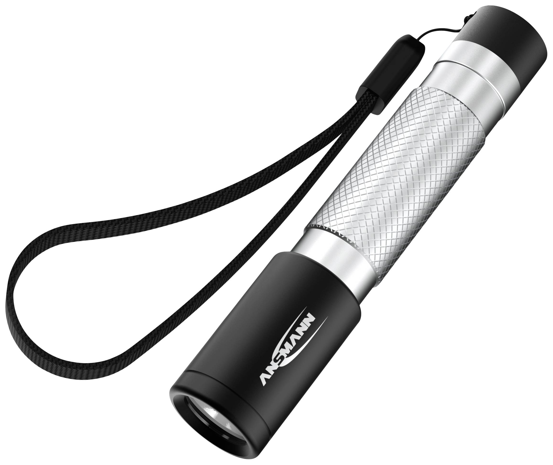 A silver torch with a black handle and wrist strap, marked with the inscription 'Ansmann'.