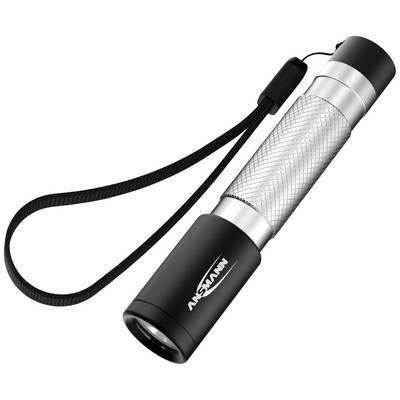 A silver torch with a black handle and wrist strap, marked with the inscription 'Ansmann'.