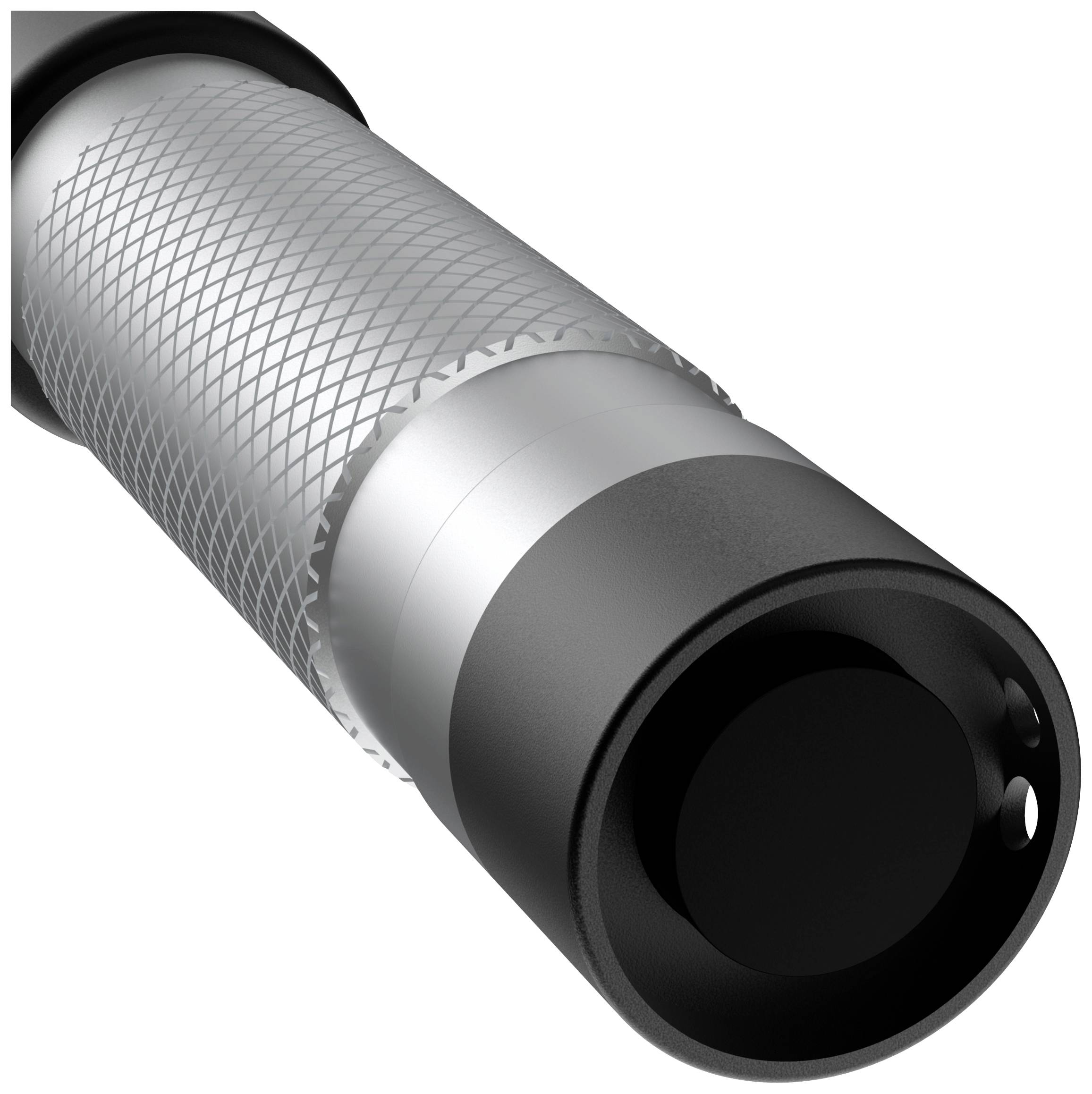 A silver BMX grip with a black cap. Details on the grip reveal a diamond-patterned texture for enhanced grip.