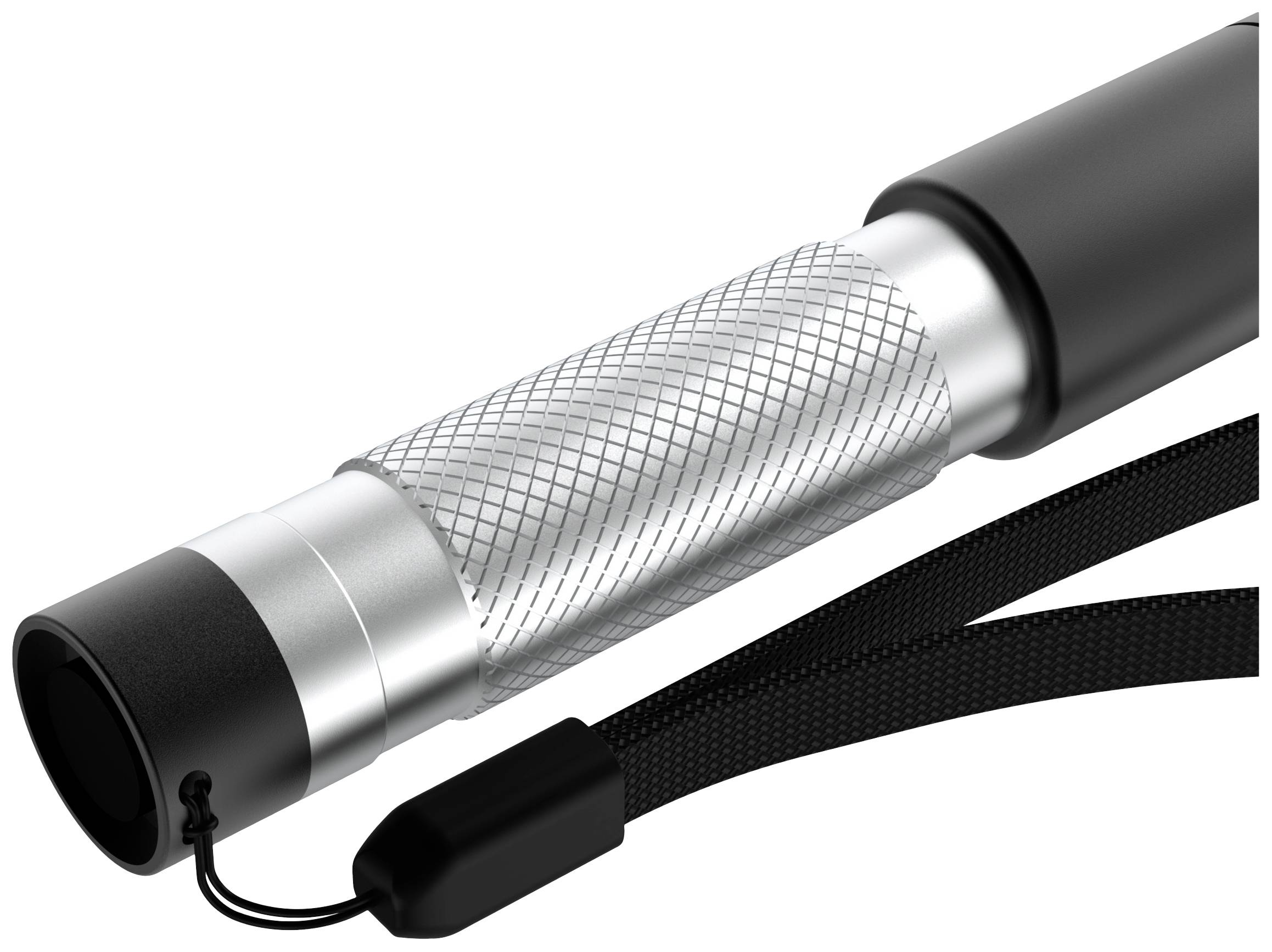 Metal torch handle with textured surface and detachable wrist strap. Designed for secure grip and easy portability.
