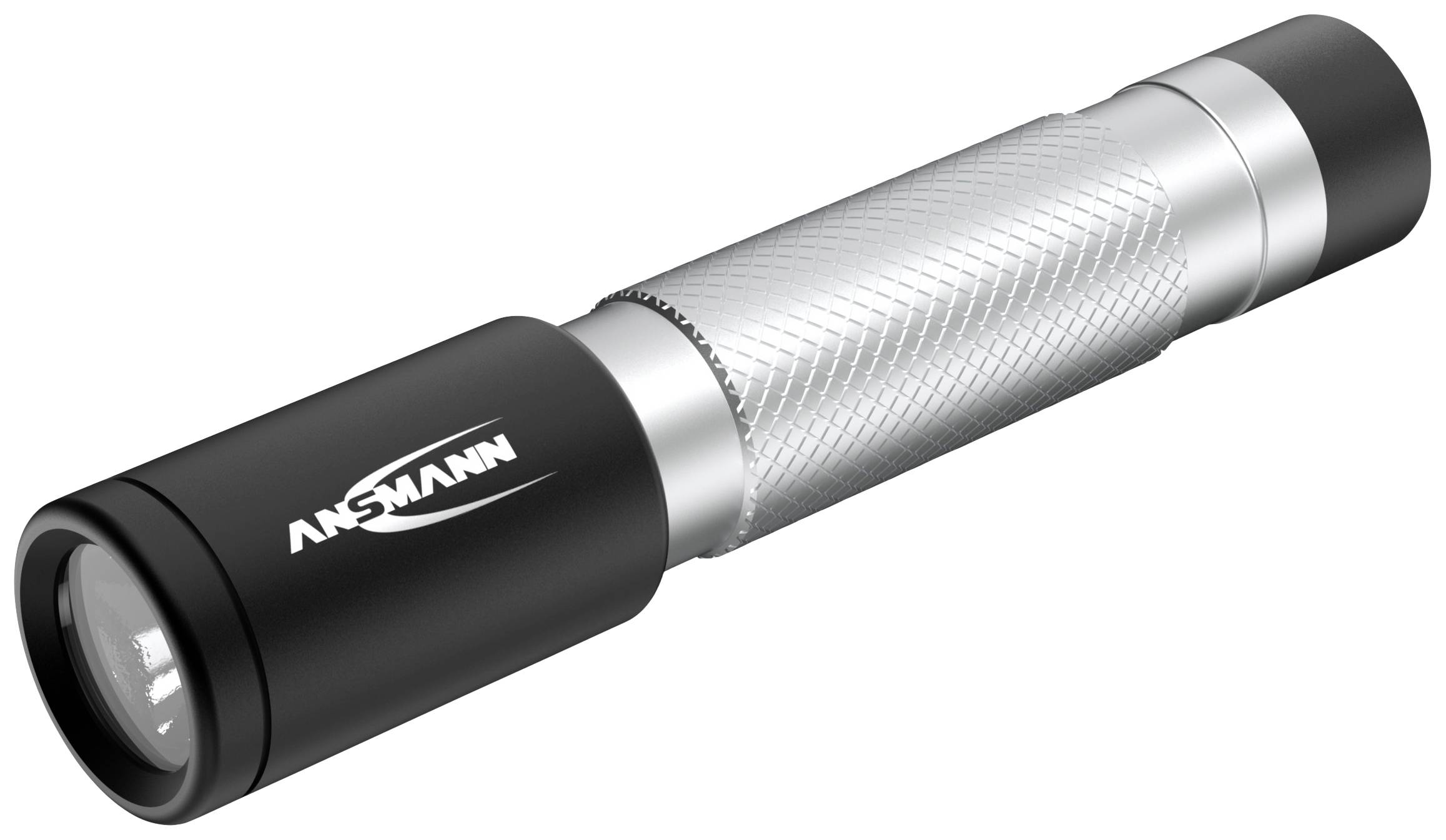Torch with a black and silver casing, ribbed grip, compact and portable, suitable for outdoor activities.