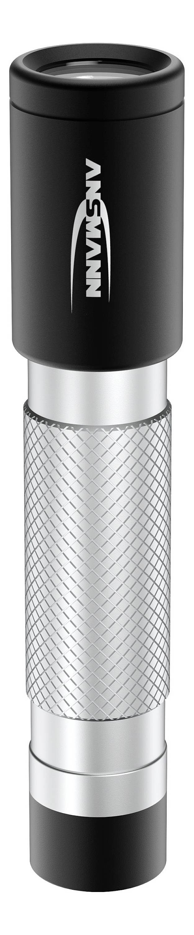 A black and silver torch with a non-slip grip design.