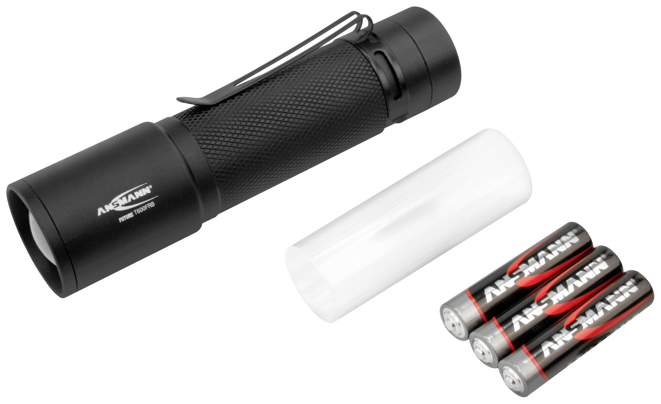 Black torch with 'ARCTICUM' text printed on it, positioned alongside three batteries. The battery compartment and plastic battery holder are visible.