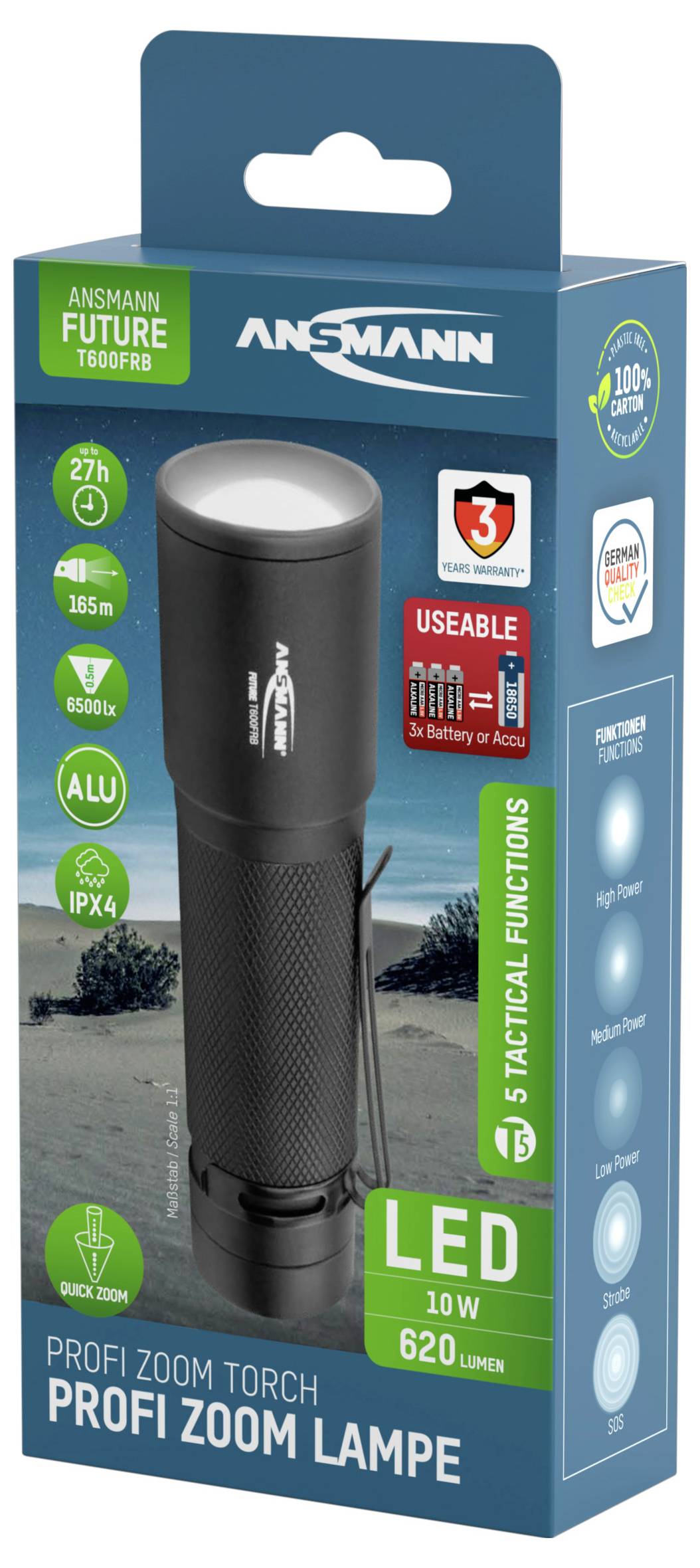 'Ansmann Future LED Torch, 10W, 620 Lumens, Up to 27h Runtime, IPX4 Waterproof, 5 Functions, Suitable for Professionals.'