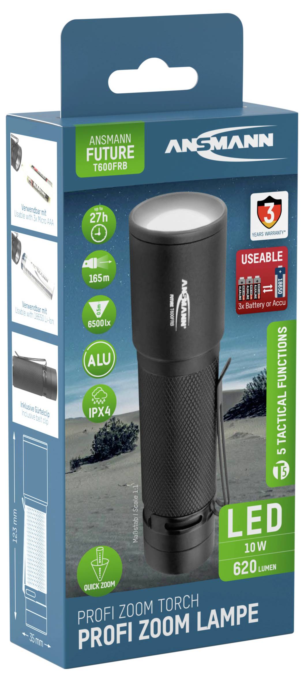 The packaging shows a 'Professional Zoom Lamp' with 620 lumens. Features: LED, 10 W, 5 functions, IPX4, zoomable, 3-year warranty.