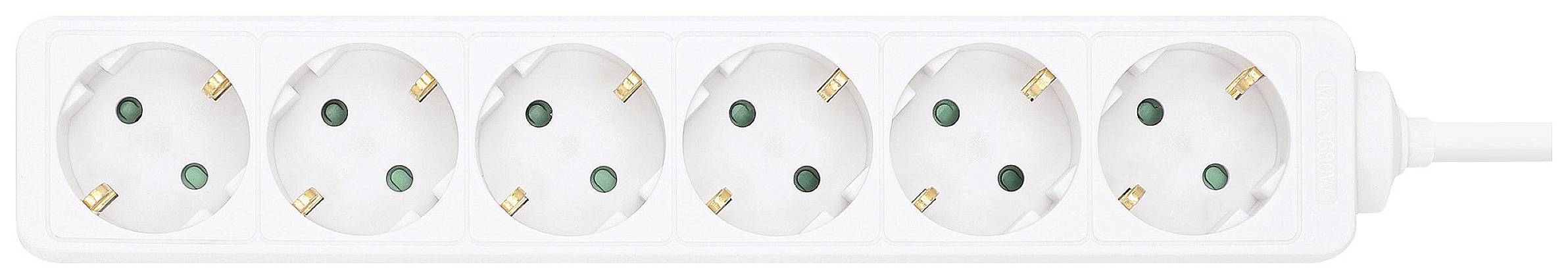 White 6-way socket strip with green-marked earth connections, suitable for powering multiple devices.