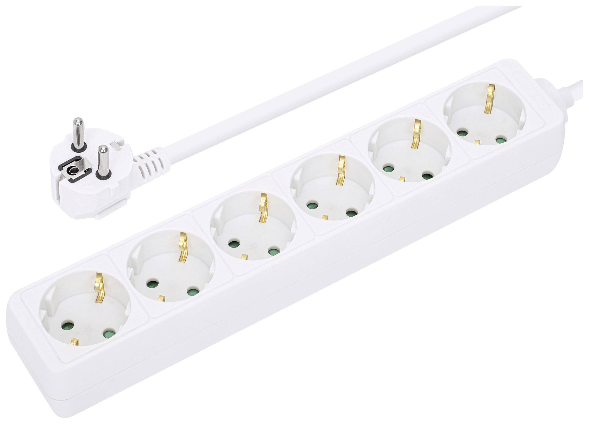 Six-way white power strip with attached cable.