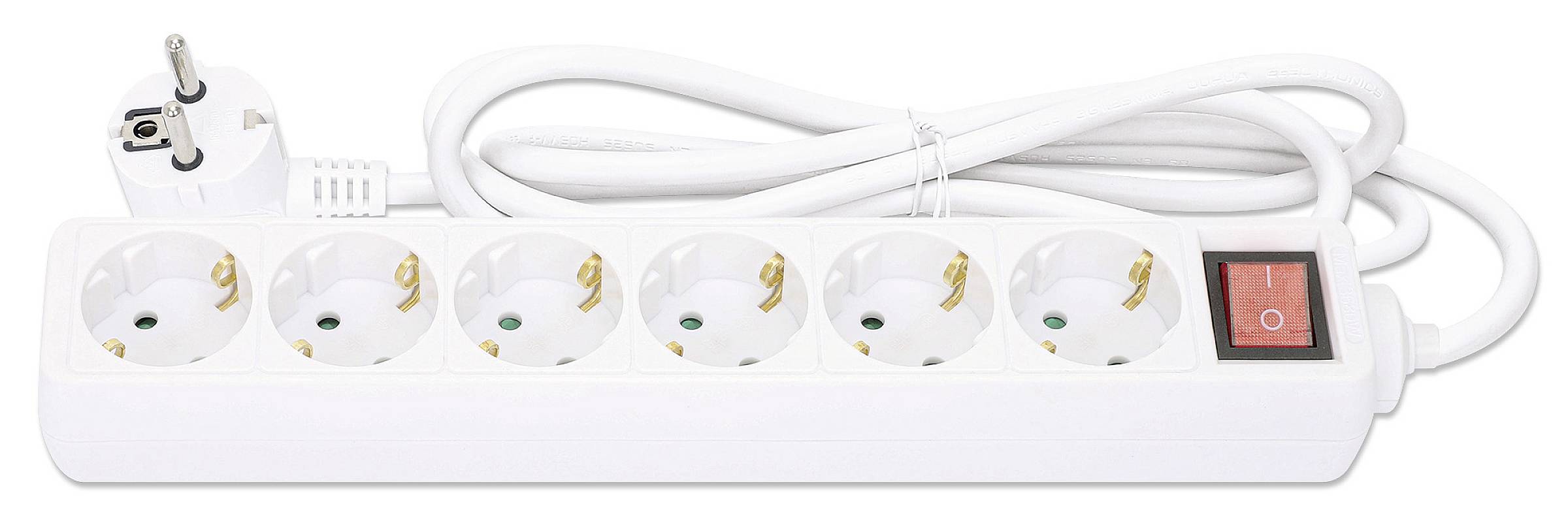 Six-way power strip with side power switch, in white. Perfect for connecting multiple devices simultaneously.