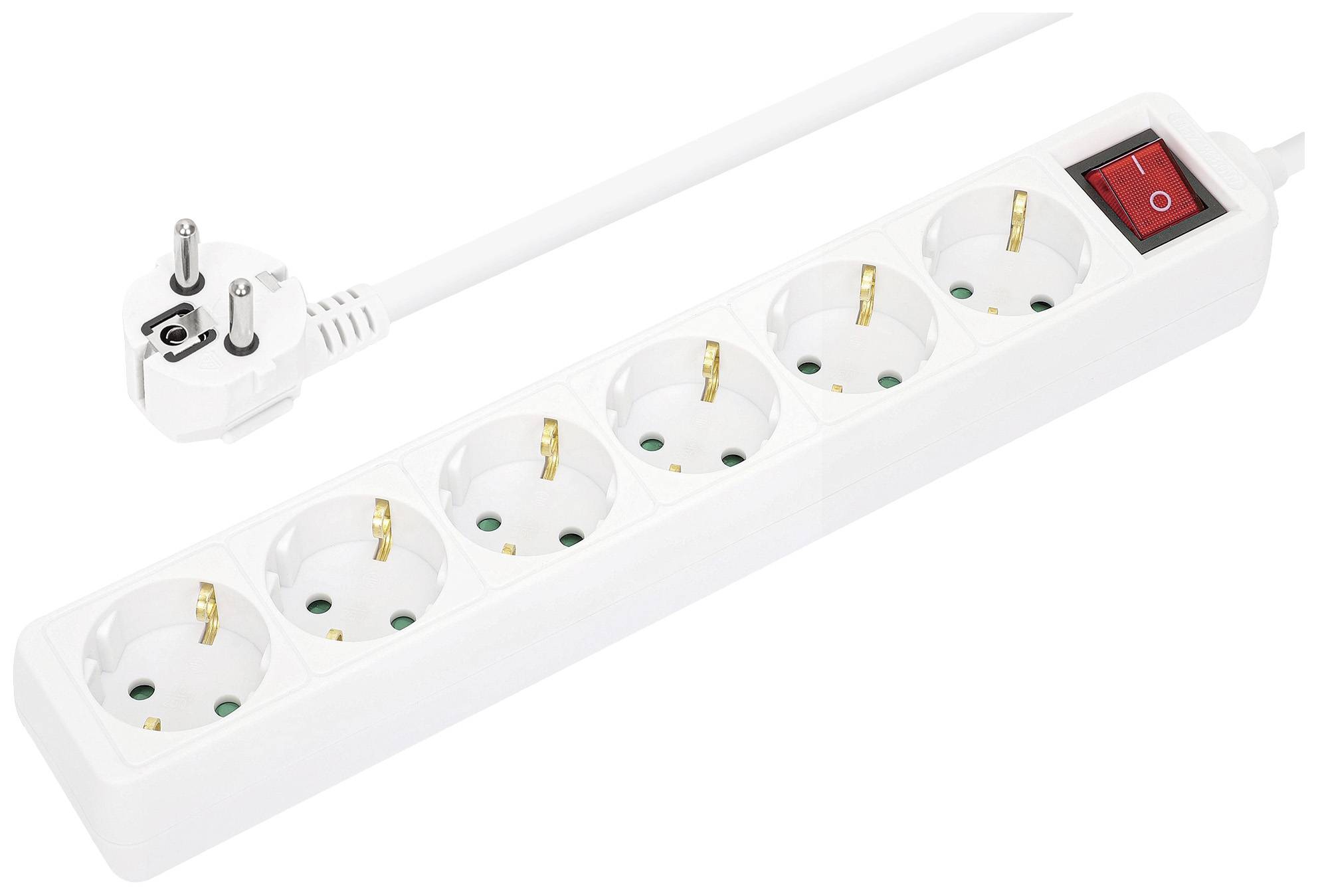 A white multi-socket extension lead with five sockets and a red power switch on the right, connected to a white cable.