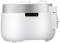 A white and silver electric rice cooker with a closed lid and side handle, shown from a side view.
