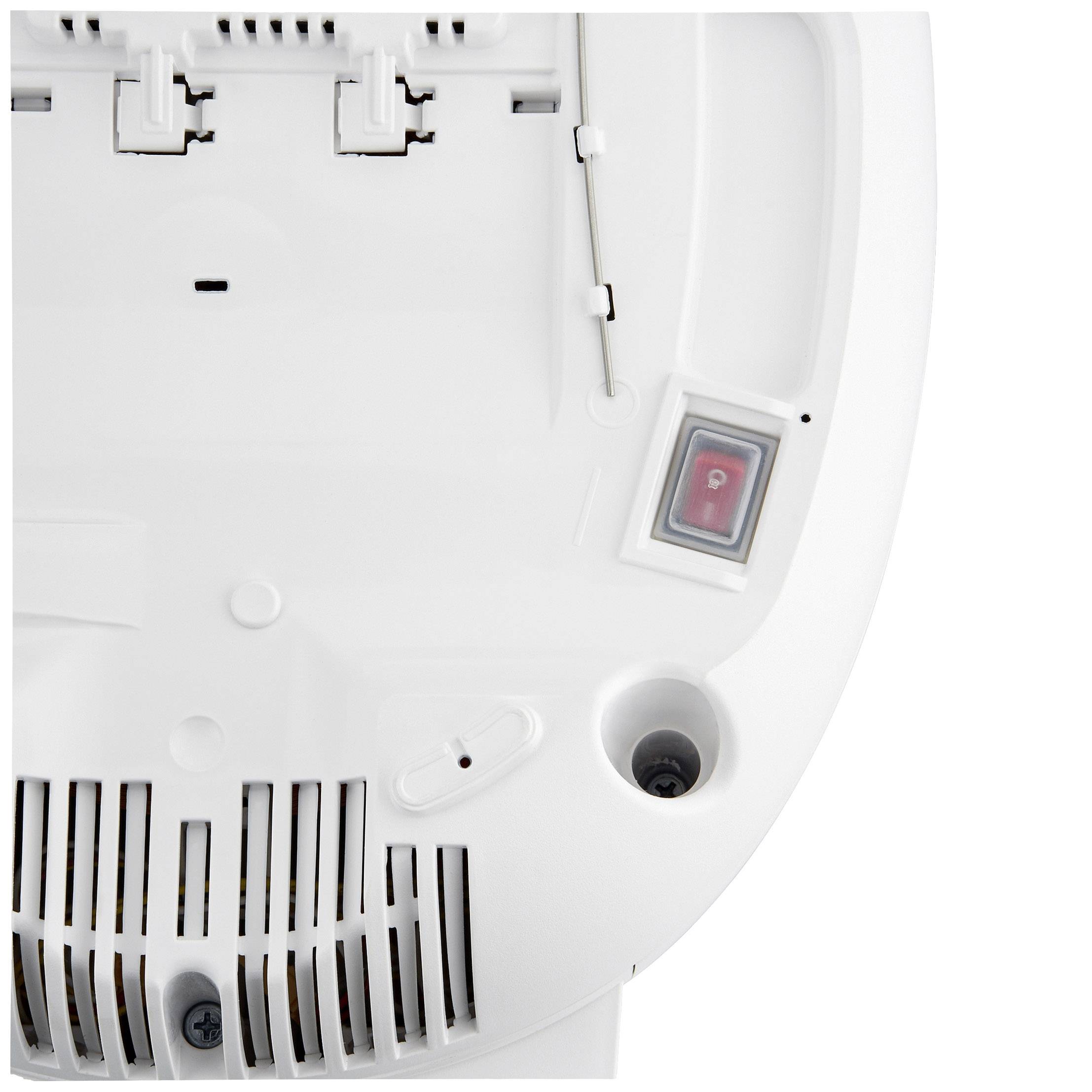 Underside of a white electrical device with an on/off switch and ventilation slots. Wiring and connections visible.