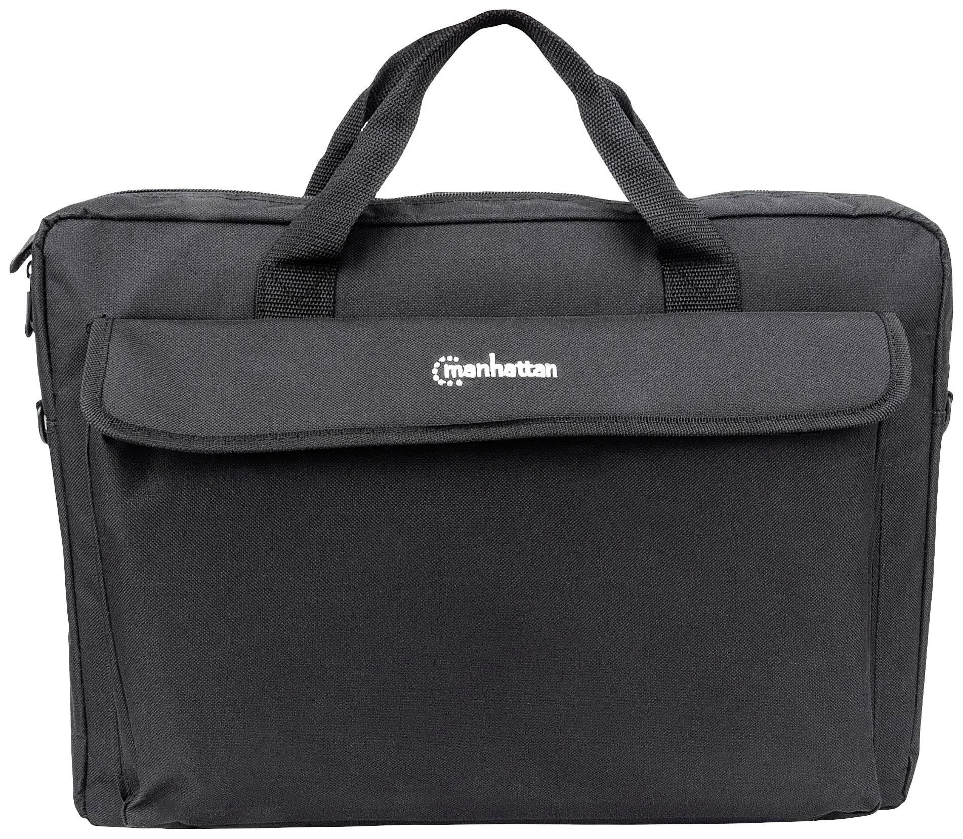 A black laptop bag with two handles and a zip compartment at the front.