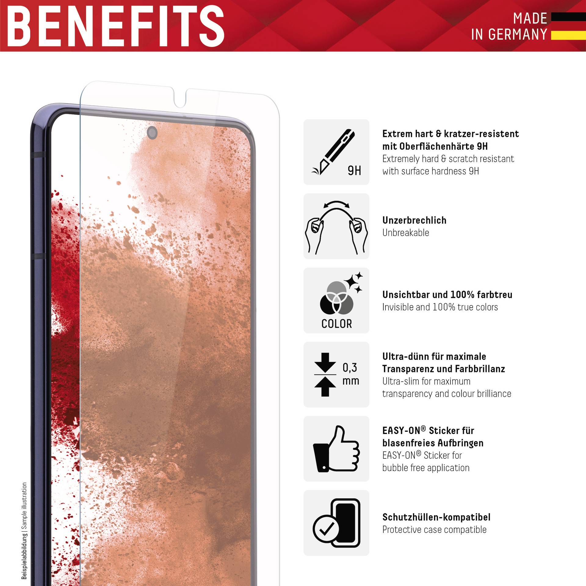 A smartphone with a protective film originating from Germany. The film is scratch-resistant, unbreakable, ultra-thin and compatible with protective cases.