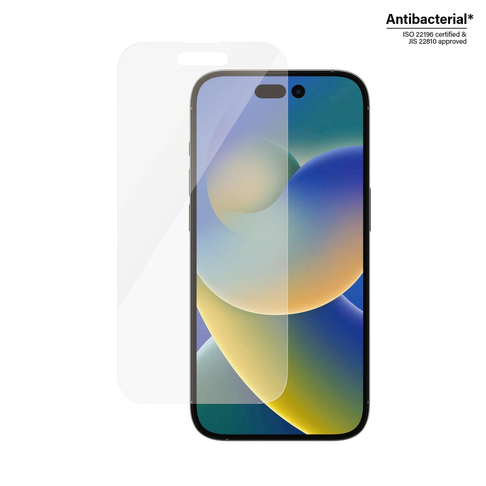 Smartphone with colourful screen graphics, with a clear display protector above. Text top right: 'Antibacterial ISO 22196 certified'.