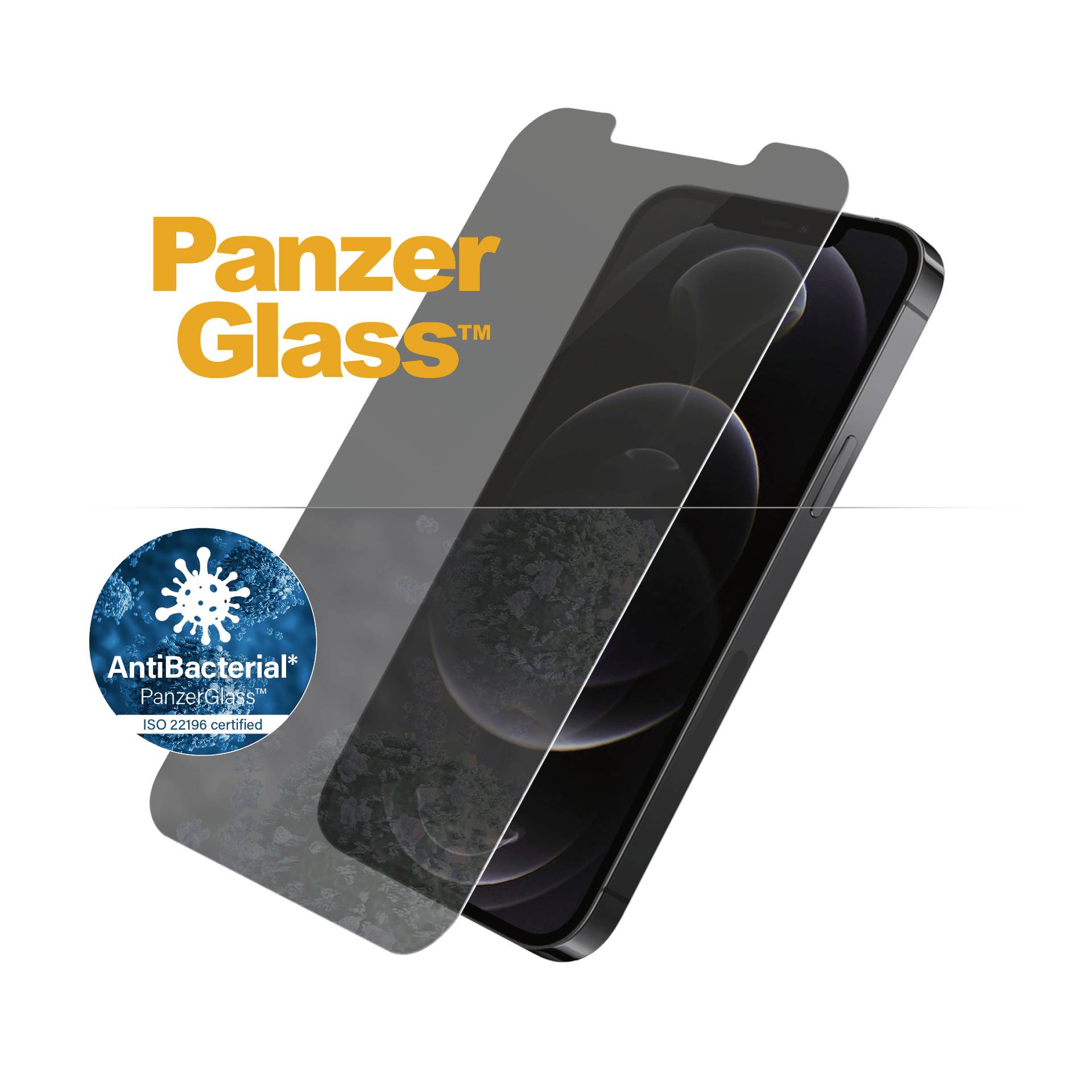A smartphone with an applied tempered glass screen protector. The glass is antibacterial and ISO 22196 certified. Text: 'PanzerGlass'.