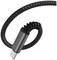 A USB-C cable with a braided design, forming a twisted loop. It has a robust appearance and reinforced ends.