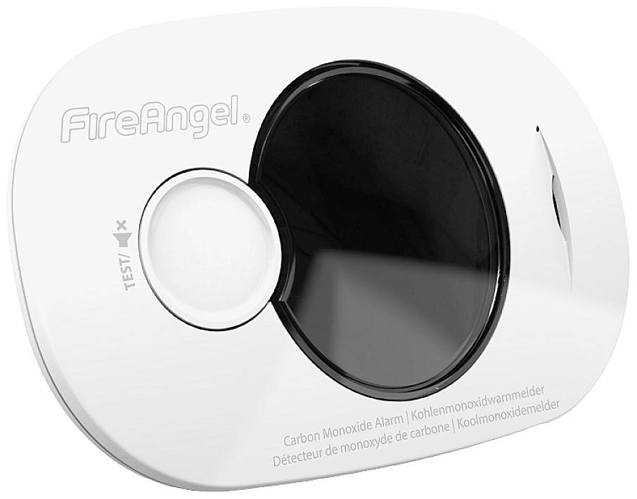 'Carbon monoxide alarm with test button and manufacturer name FireAngel. Device is white with black sensor area.'