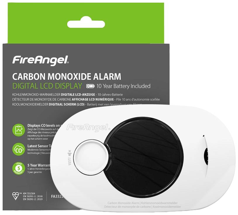 Carbon monoxide detector with digital LCD display and ten-year battery. Packaging in green and white with product name and details.