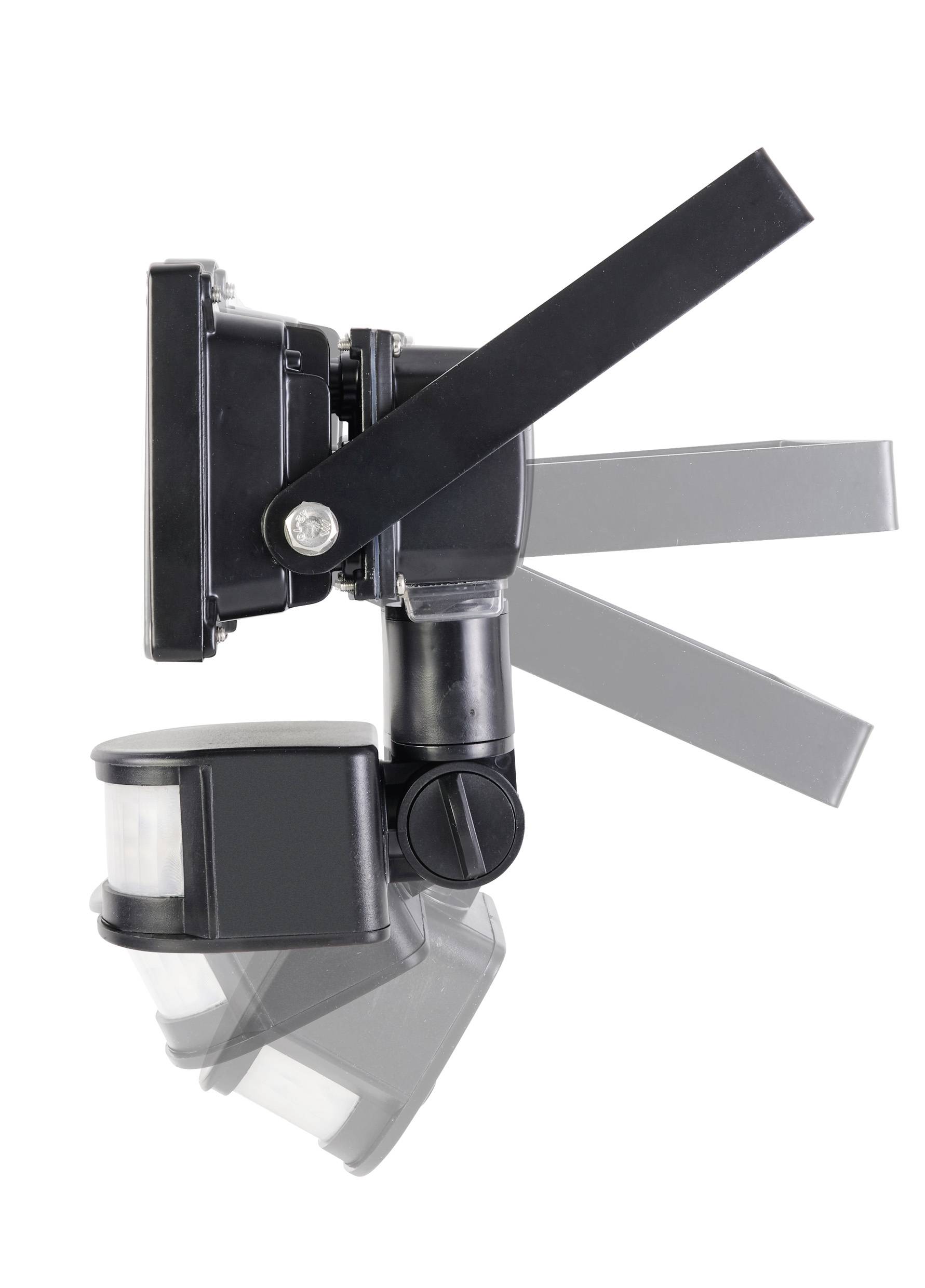 Side-on close-up of an adjustable black wall-mounted spotlight with motion sensor against a white background.