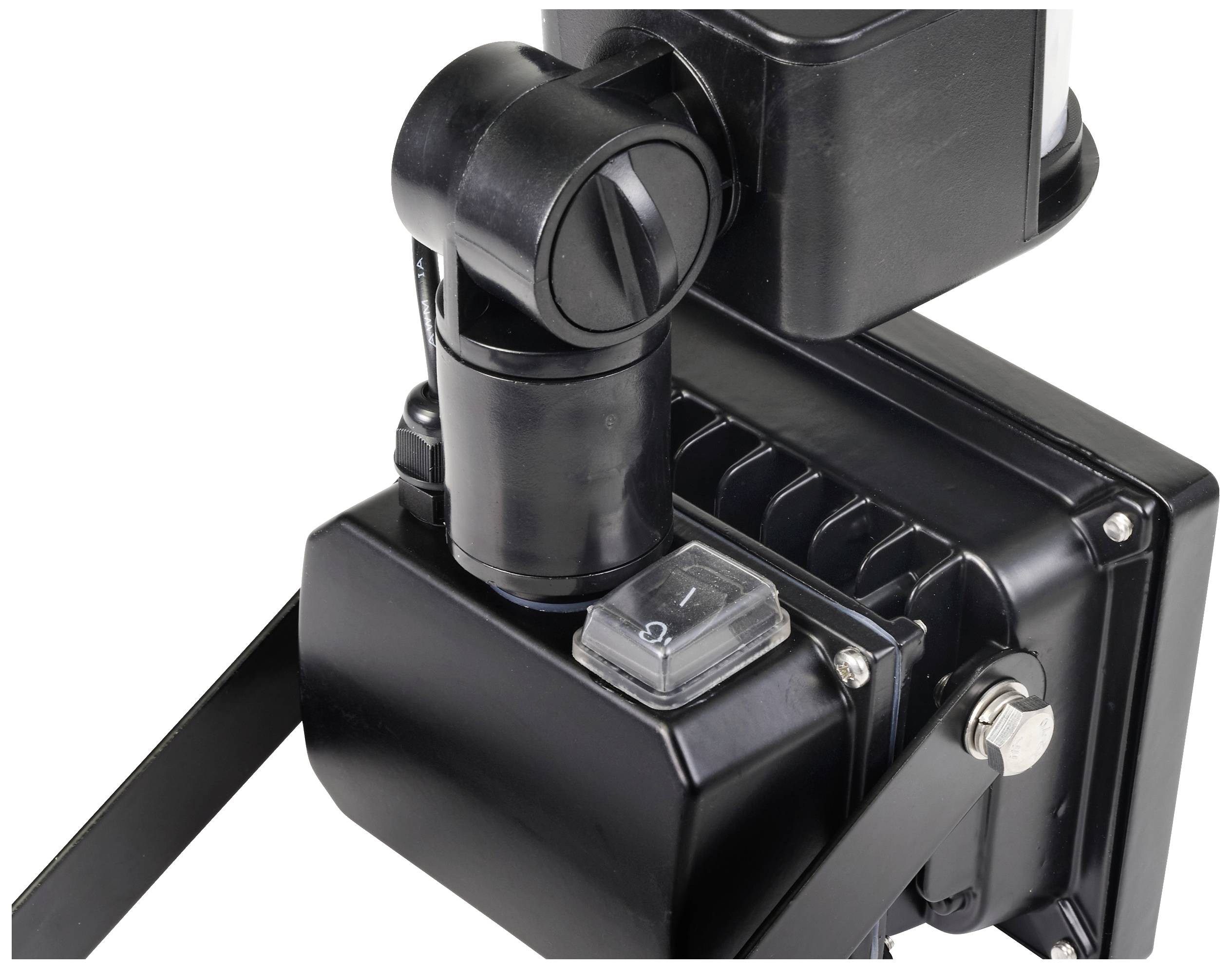 A black, modern spotlight with an adjustable joint, suitable for illuminating outdoor areas.