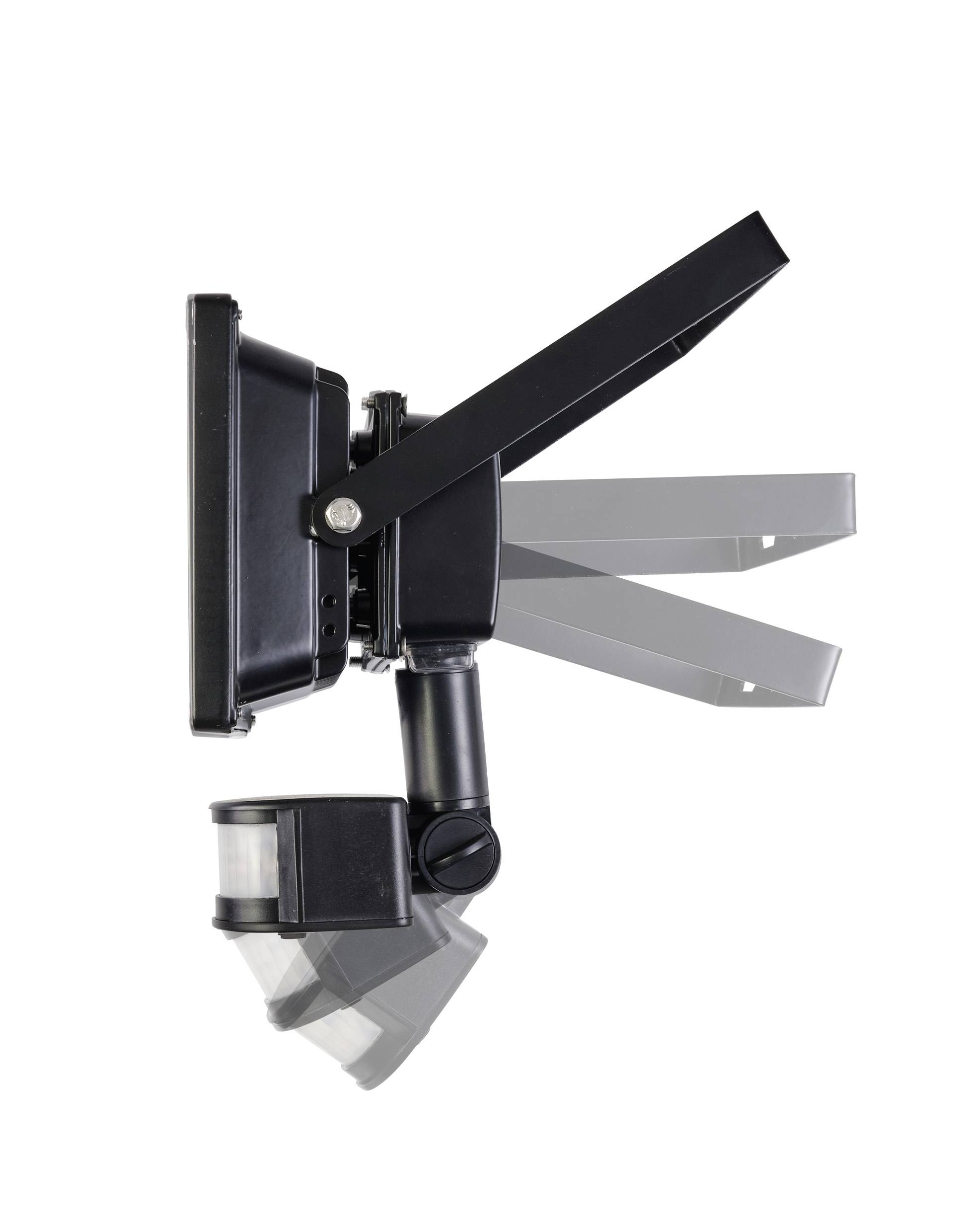 Black LED spotlight with articulated arm and integrated motion sensor, positioned to the side.