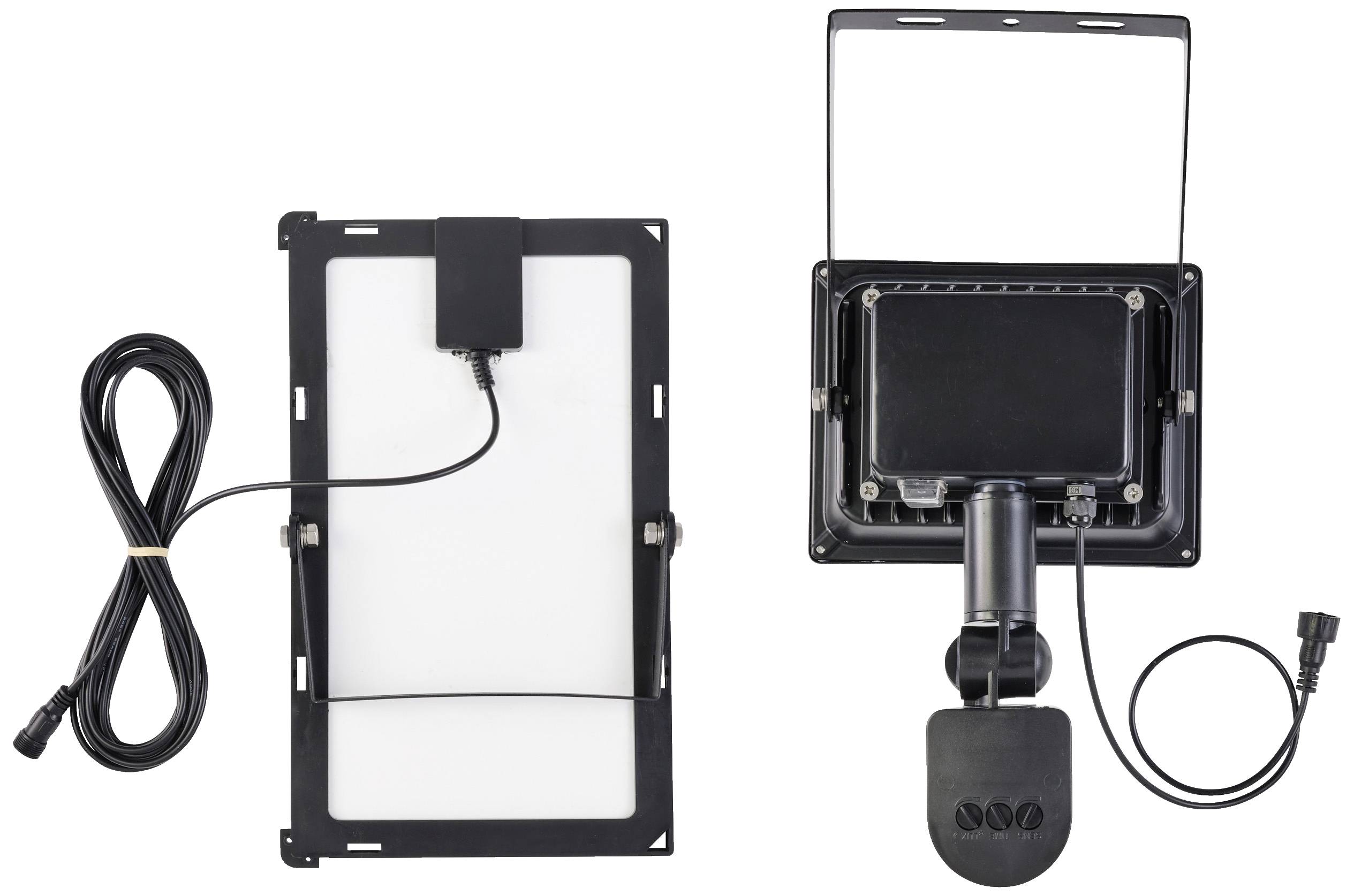 LED floodlight with black casing, removable mounting bracket and connection cable. Front and rear sides are visible.