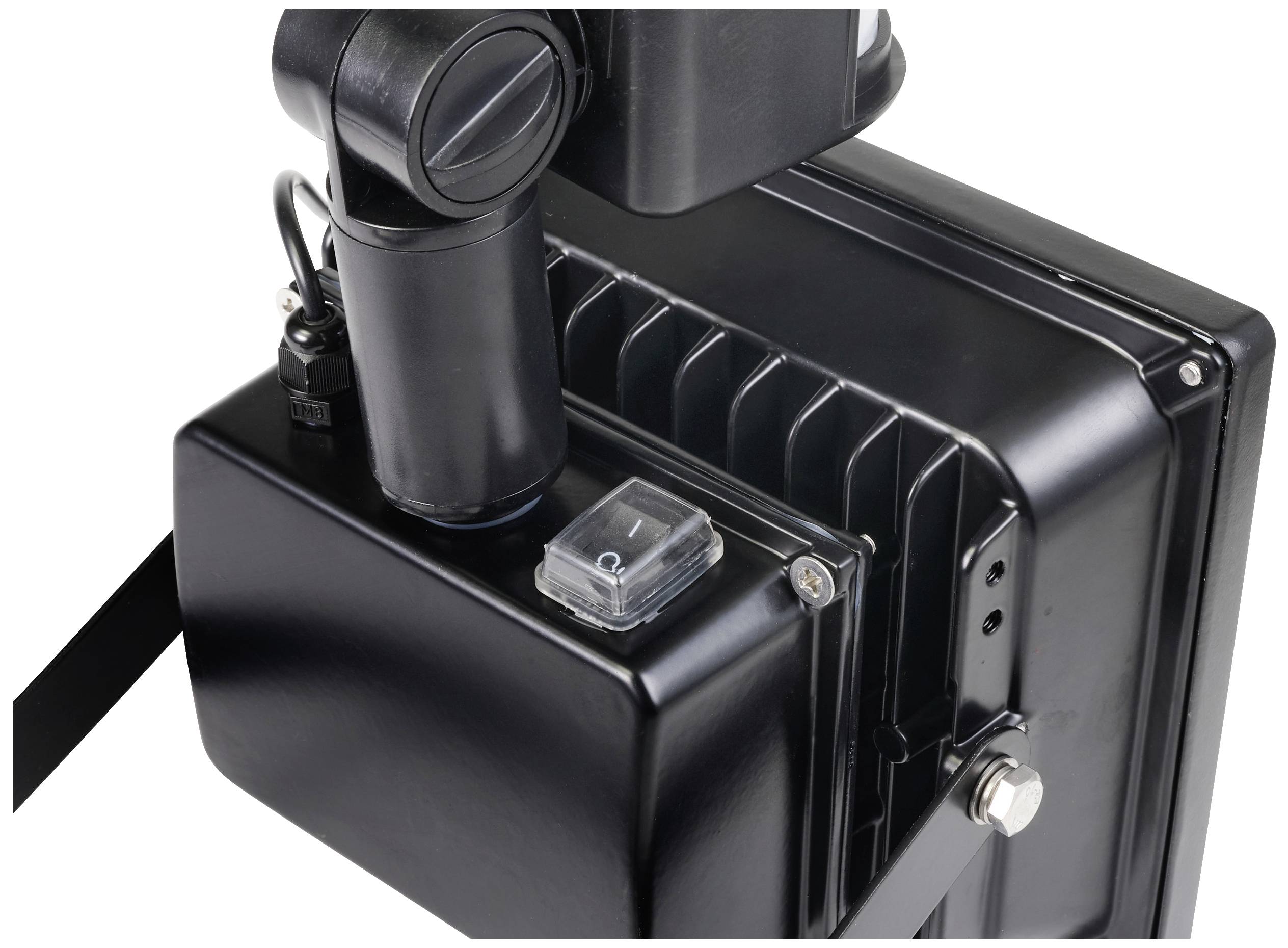 A black industrial lamp with a robust housing, side viewing window, and sturdy metal connections, suitable for outdoor areas.