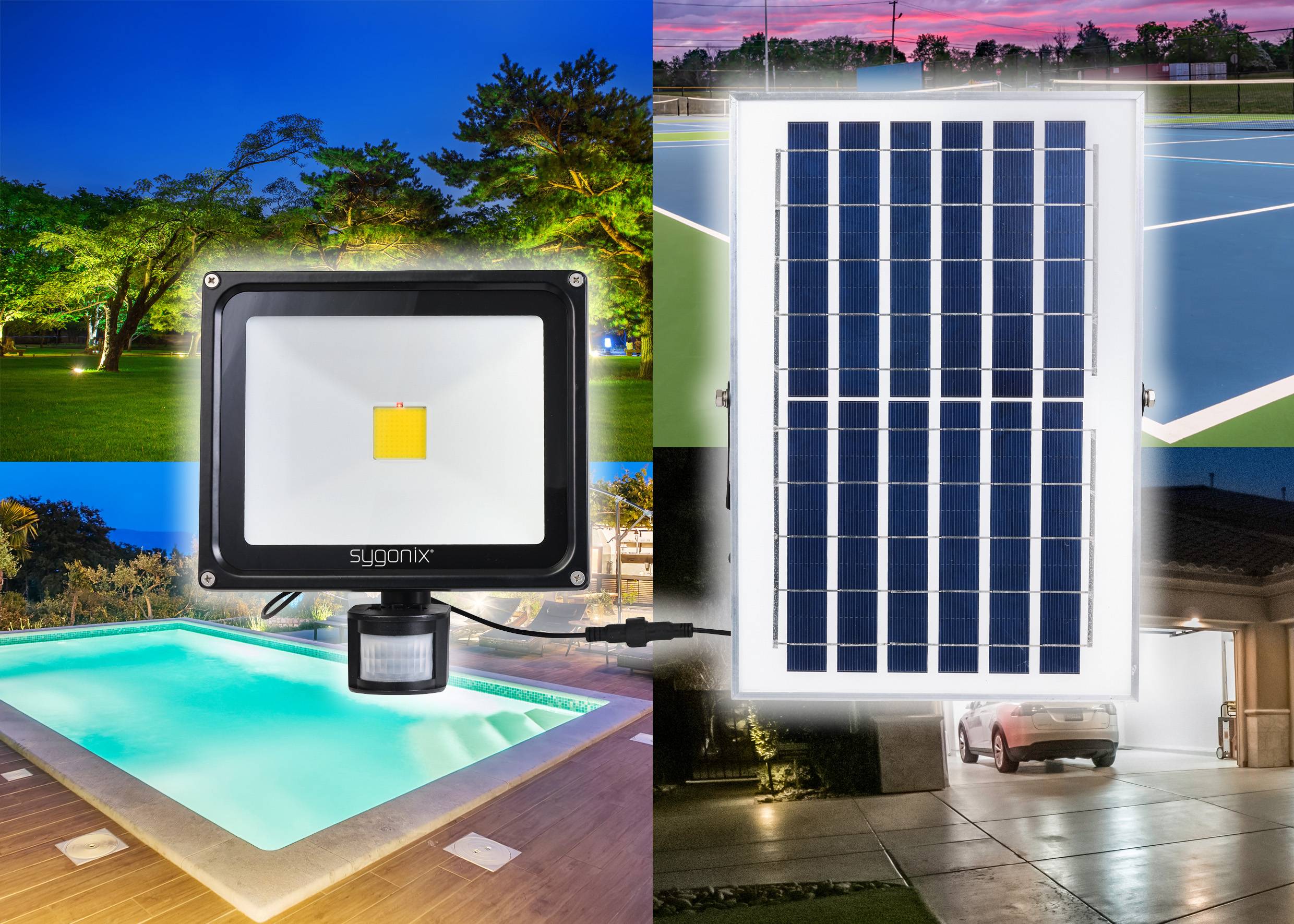Lamps demonstrate various application possibilities: garden lighting, pool lighting, solar energy option, and garage lighting.