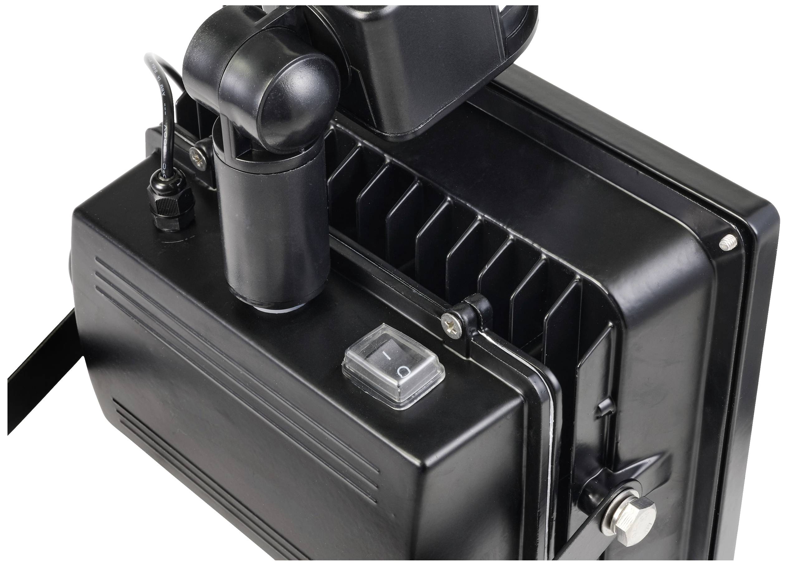 A black, rectangular spotlight with an adjustable mount and cable connection. Suitable for outdoor lighting.