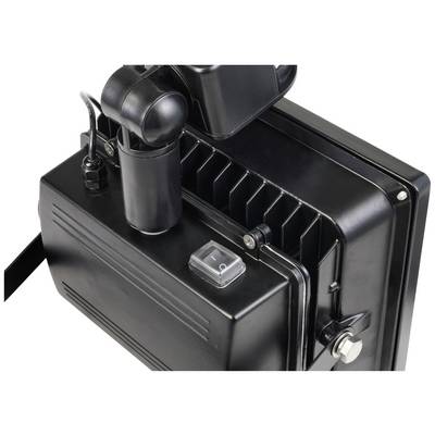 A black, rectangular spotlight with an adjustable mount and cable connection. Suitable for outdoor lighting.