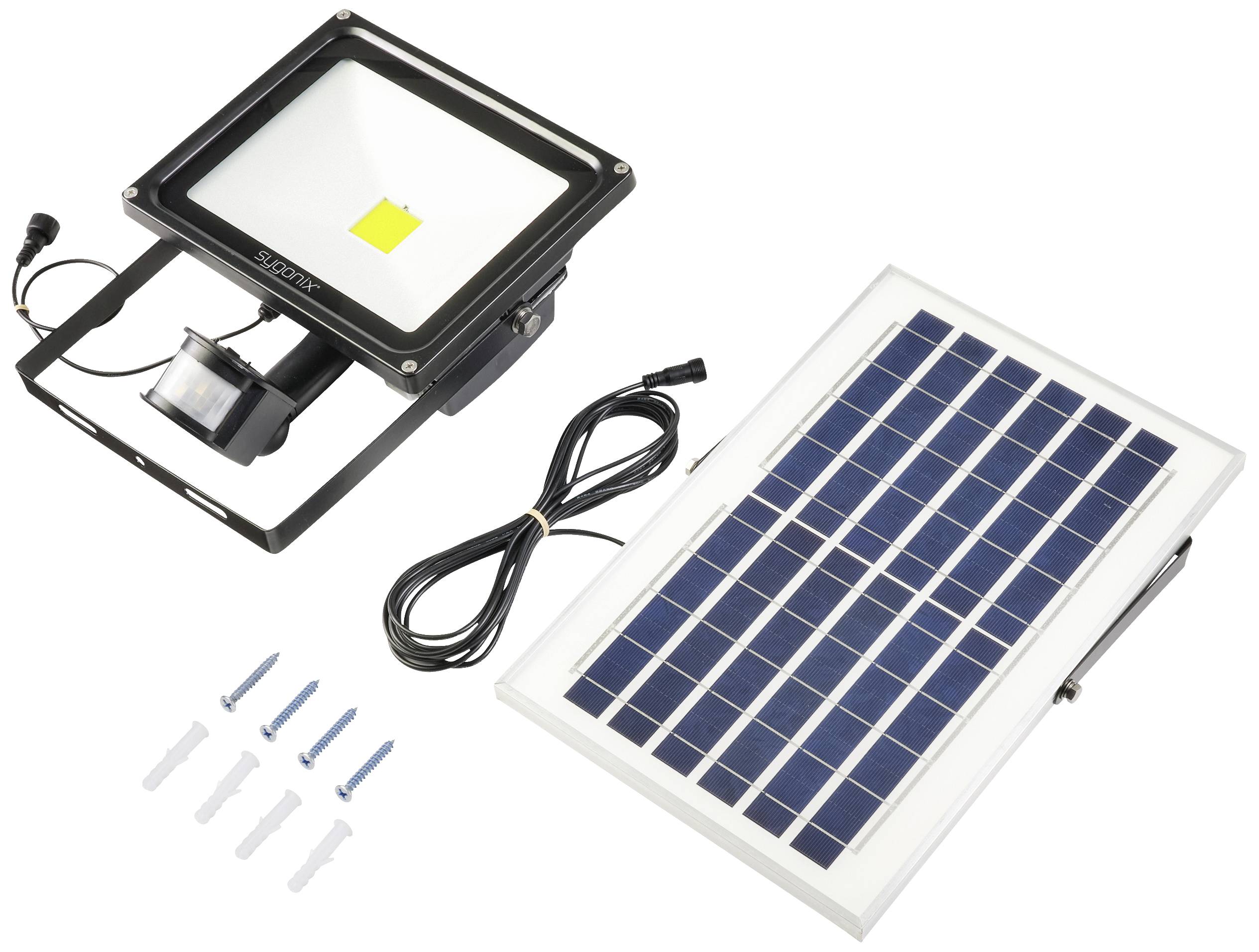 Floodlight with solar panel, cable and mounting hardware. The panel has a grid pattern; floodlight features a motion sensor.