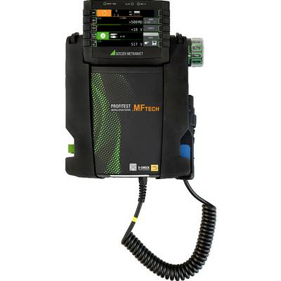 A digital test meter with a screen displays measurement values such as resistance and voltage. It bears the inscription 'Profitest MF Tech'.