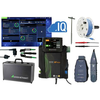 A multifunctional measuring instrument with various accessories such as cables, screws, and a carry case is shown.
