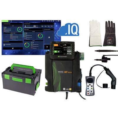 The image shows a testing device for electrical safety measurements with accessories, a screen with a software interface, and an IQ Cloud logo.