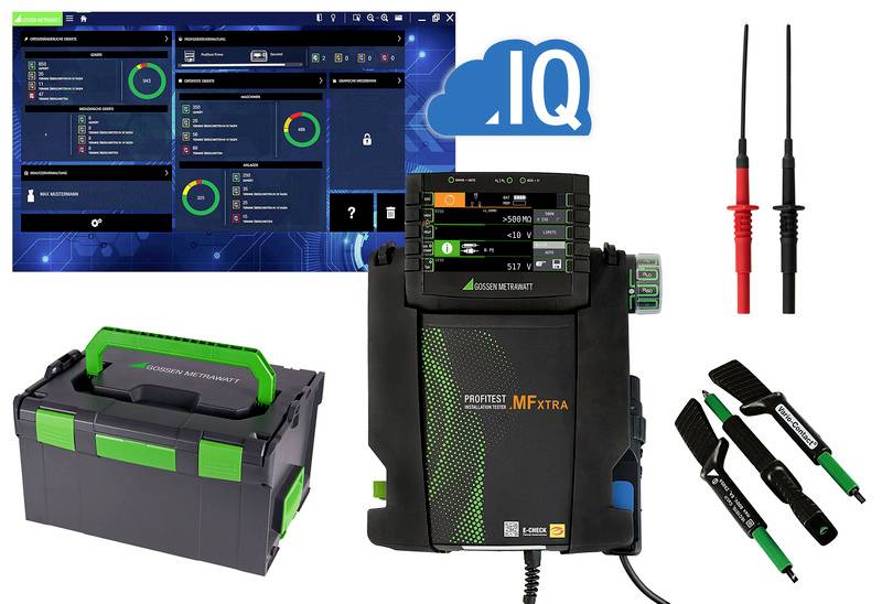 Multifunction meter for measuring electrical parameters with display and accessories including test leads and carry case.