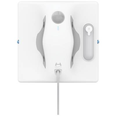 The image depicts a square, white window cleaning robot with grey mountings and a sensor module positioned centrally at the top.