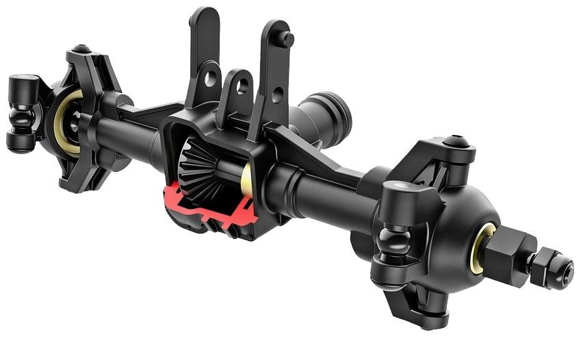 Black metal vehicle axle with gears and mounting points; central red-highlighted component.