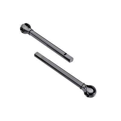 Two black metal rods, one lying horizontally and the other at an angle. They have spherical ends. The background is white.