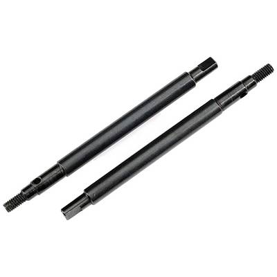 Two black metal axles with threaded ends and lateral recesses, positioned parallel to each other.