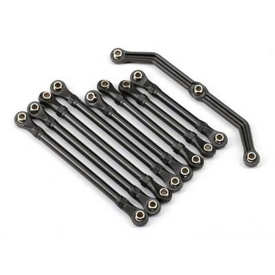 Nine black steering rods with metal heads on a white background. The top rod is positioned differently.