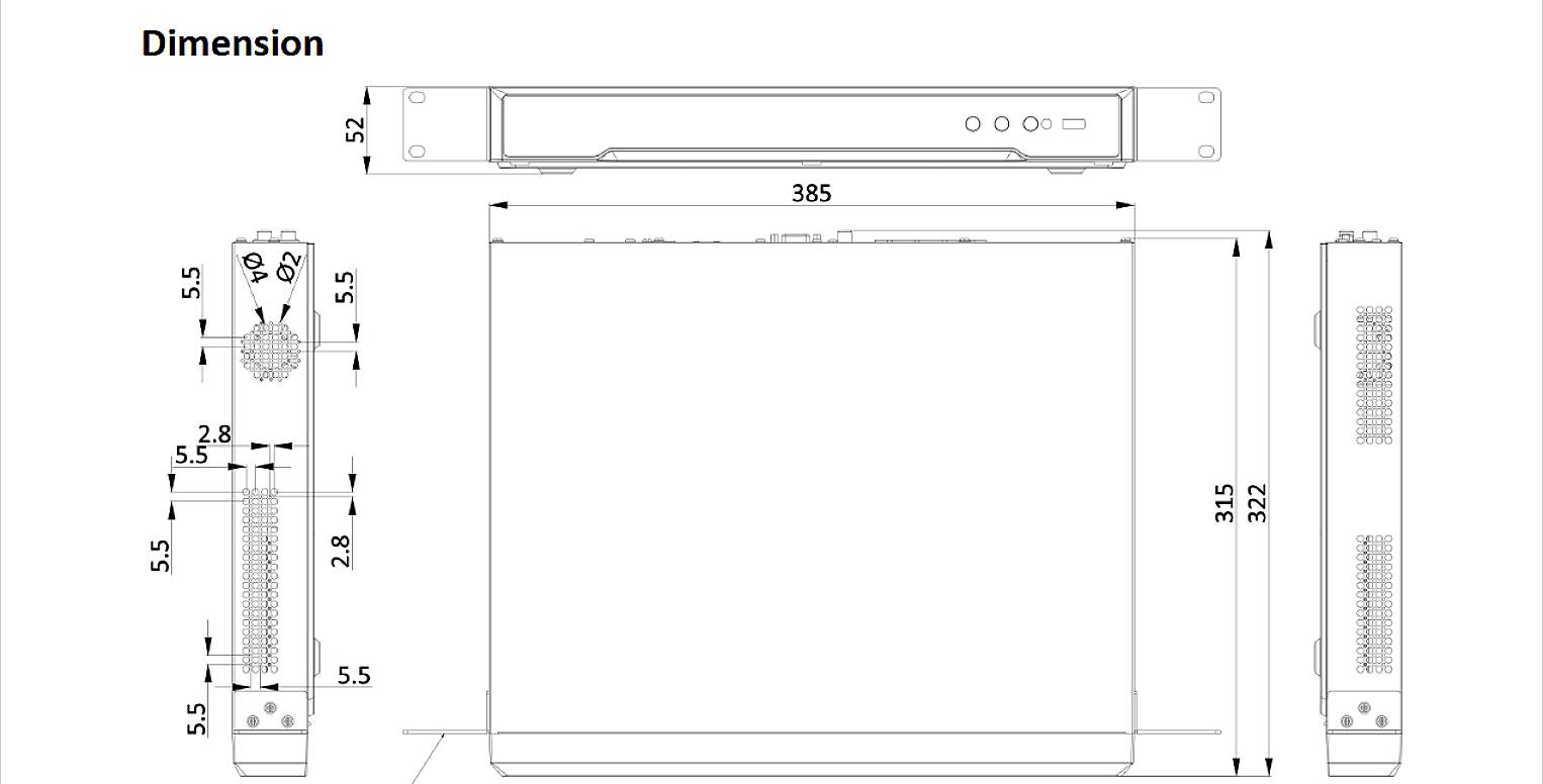 Technical Drawing of a Device with Dimensions: Width 385 mm, Height 322 mm, Depth 52 mm. Front and side view shown.