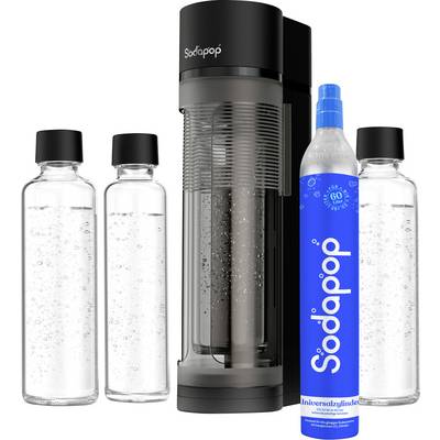 A black sparkling water maker with three transparent bottles and a blue carbon dioxide cylinder with the inscription 'Sodapop'.