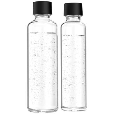 Two clear bottles with black lids, filled with sparkling water.
